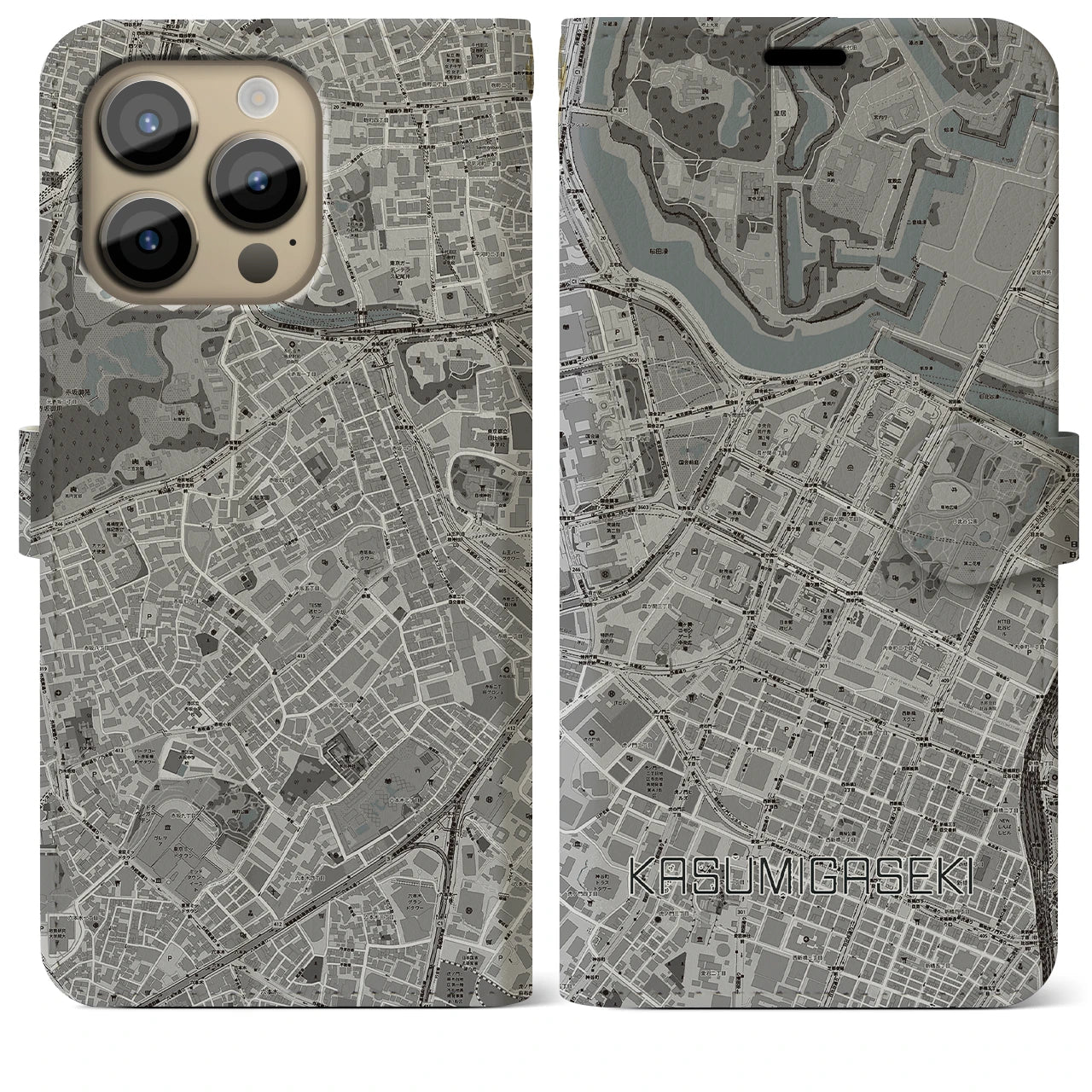 【霞ケ関】地図柄iPhoneケース（手帳両面タイプ・モノトーン）iPhone 14 Pro Max 用