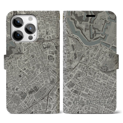 【霞ケ関（東京都）】地図柄iPhoneケース（手帳タイプ）モノトーン・iPhone 14 Pro 用