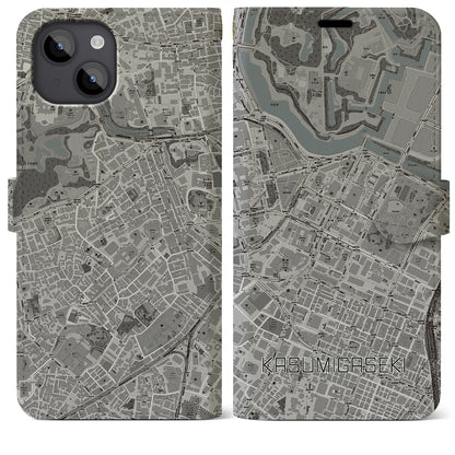 【霞ケ関（東京都）】地図柄iPhoneケース（手帳タイプ）モノトーン・iPhone 14 Plus 用