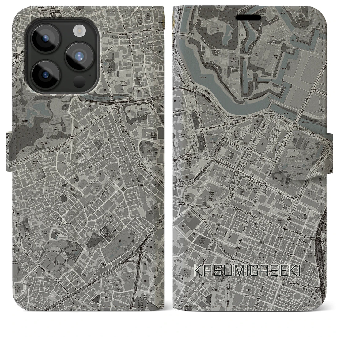 【霞ケ関】地図柄iPhoneケース（手帳両面タイプ・モノトーン）iPhone 15 Pro Max 用