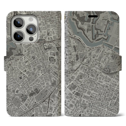 【霞ケ関（東京都）】地図柄iPhoneケース（手帳タイプ）モノトーン・iPhone 15 Pro 用