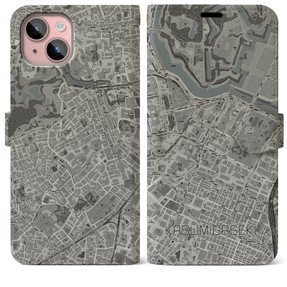 【霞ケ関（東京都）】地図柄iPhoneケース（手帳タイプ）モノトーン・iPhone 15 Plus 用