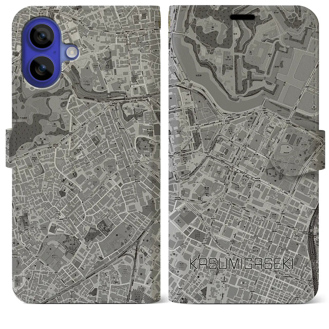 【霞ケ関(東京都)】地図柄iPhoneケース(手帳タイプ)モノトーン・iPhone 16 Pro Max 用