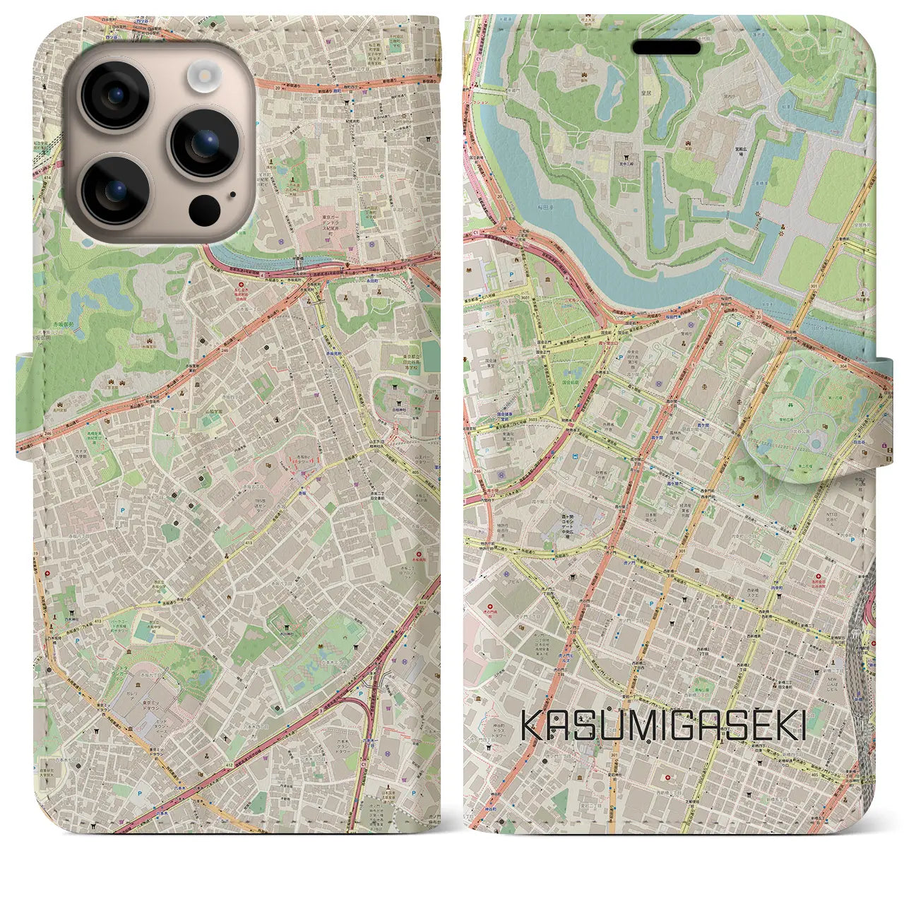 【霞ケ関（東京都）】地図柄iPhoneケース（手帳タイプ）ナチュラル・iPhone 16 Plus 用