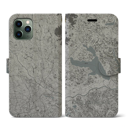 【霞ヶ浦（茨城県）】地図柄iPhoneケース（手帳タイプ）モノトーン・iPhone 11 Pro 用