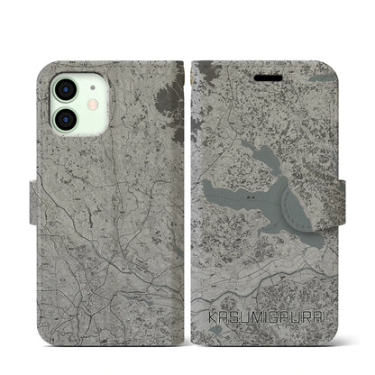 【霞ヶ浦（茨城県）】地図柄iPhoneケース（手帳タイプ）モノトーン・iPhone 12 mini 用