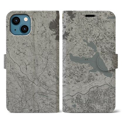 【霞ヶ浦（茨城県）】地図柄iPhoneケース（手帳タイプ）モノトーン・iPhone 13 用