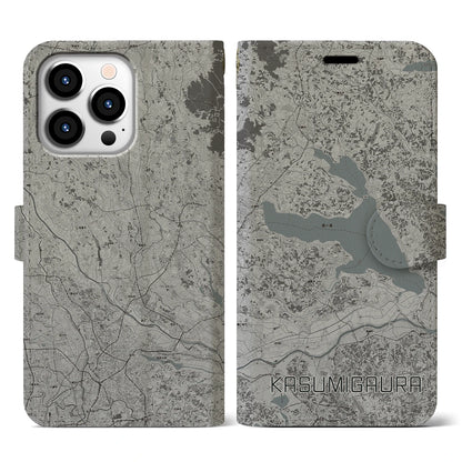 【霞ヶ浦（茨城県）】地図柄iPhoneケース（手帳タイプ）モノトーン・iPhone 13 Pro 用