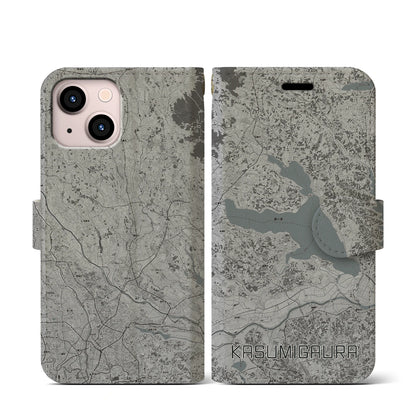 【霞ヶ浦（茨城県）】地図柄iPhoneケース（手帳タイプ）モノトーン・iPhone 13 mini 用