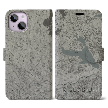 【霞ヶ浦（茨城県）】地図柄iPhoneケース（手帳タイプ）モノトーン・iPhone 14 用