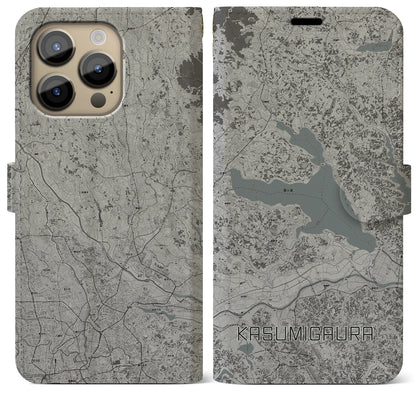 【霞ヶ浦（茨城県）】地図柄iPhoneケース（手帳タイプ）モノトーン・iPhone 14 Pro Max 用