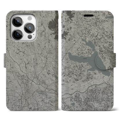 【霞ヶ浦（茨城県）】地図柄iPhoneケース（手帳タイプ）モノトーン・iPhone 14 Pro 用