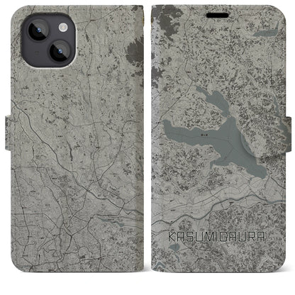 【霞ヶ浦（茨城県）】地図柄iPhoneケース（手帳タイプ）モノトーン・iPhone 14 Plus 用