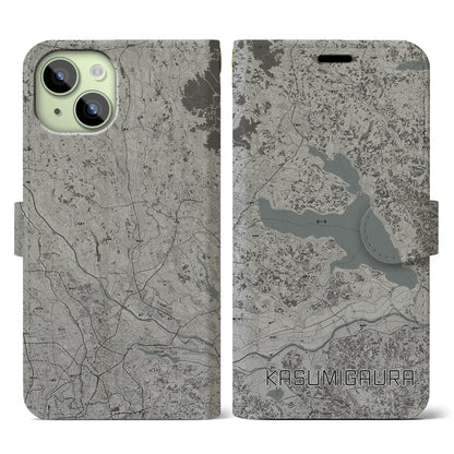 【霞ヶ浦（茨城県）】地図柄iPhoneケース（手帳タイプ）モノトーン・iPhone 15 用