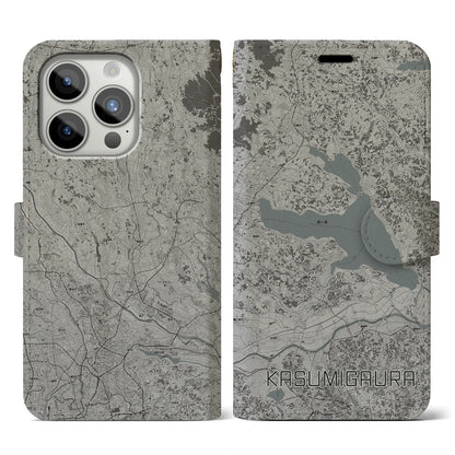 【霞ヶ浦（茨城県）】地図柄iPhoneケース（手帳タイプ）モノトーン・iPhone 15 Pro 用