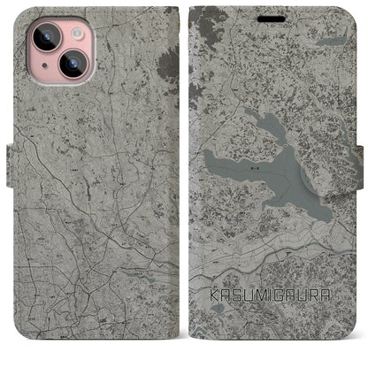 【霞ヶ浦（茨城県）】地図柄iPhoneケース（手帳タイプ）モノトーン・iPhone 15 Plus 用