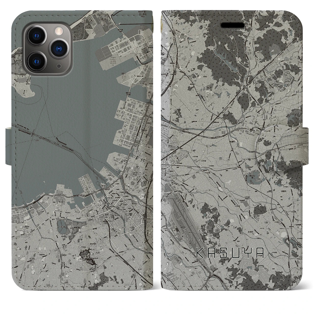 【粕屋】地図柄iPhoneケース（手帳両面タイプ・モノトーン）iPhone 11 Pro Max 用