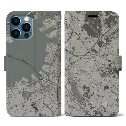 【粕屋（福岡県）】地図柄iPhoneケース（手帳タイプ）モノトーン・iPhone 12 / 12 Pro 用