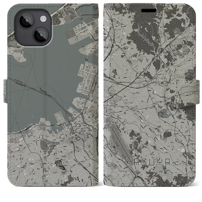 【粕屋（福岡県）】地図柄iPhoneケース（手帳タイプ）モノトーン・iPhone 14 Plus 用