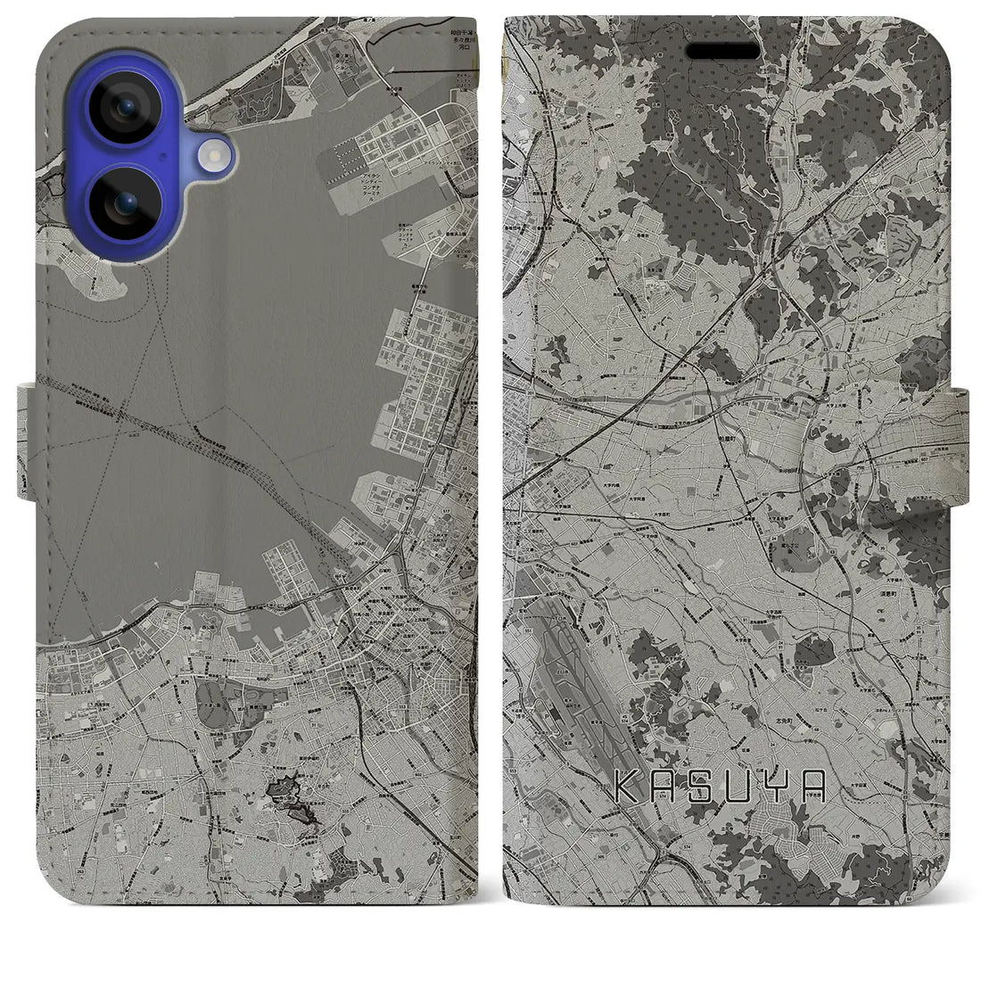 【粕屋(福岡県)】地図柄iPhoneケース(手帳タイプ)モノトーン・iPhone 16 Pro Max 用