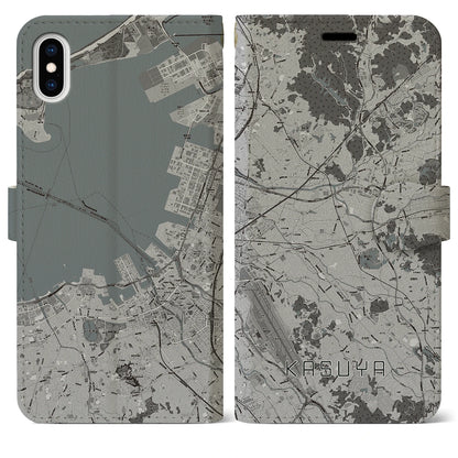 【粕屋（福岡県）】地図柄iPhoneケース（手帳タイプ）モノトーン・iPhone XS Max 用