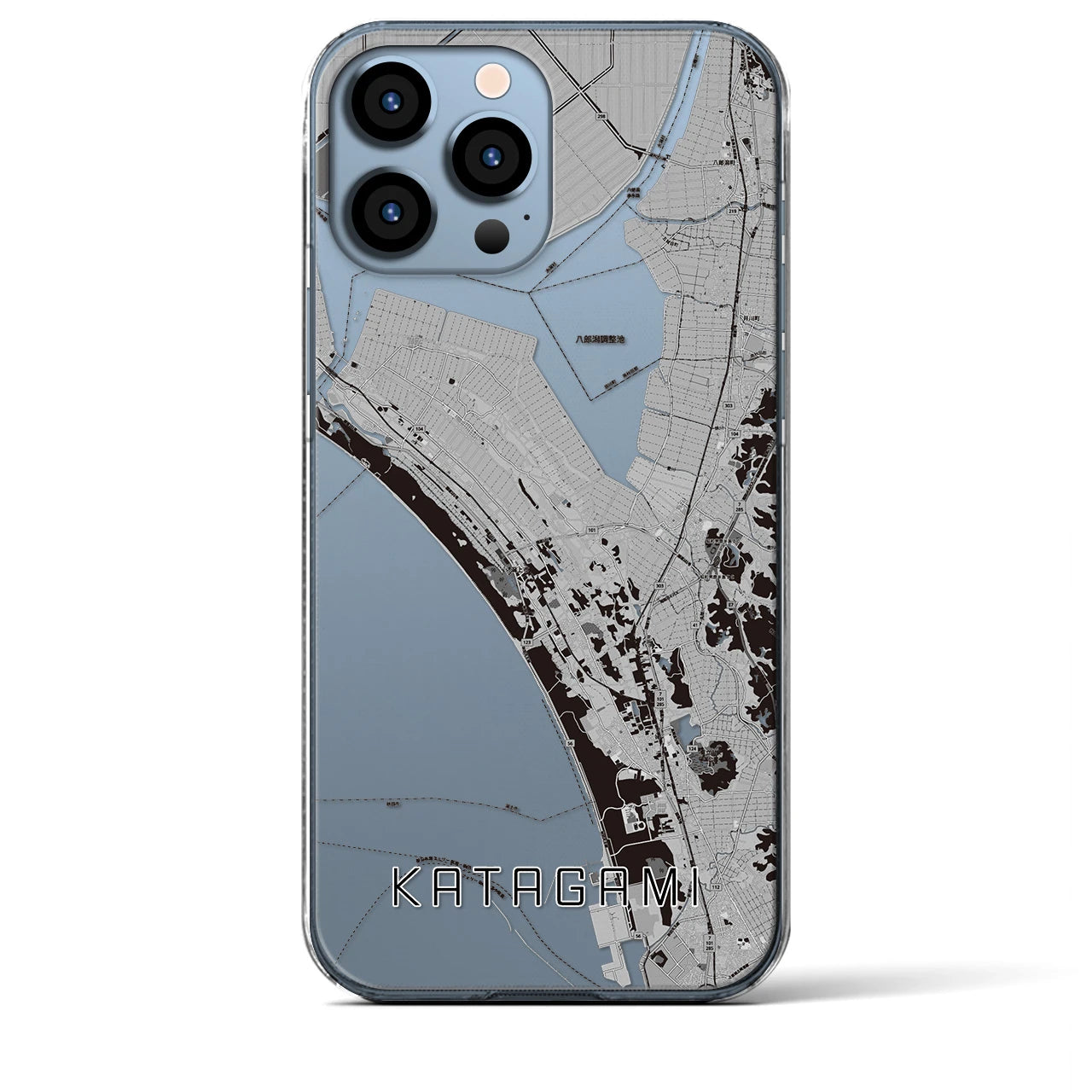 【潟上（秋田県）】地図柄iPhoneケース（クリアタイプ）モノトーン・iPhone 13 Pro Max 用