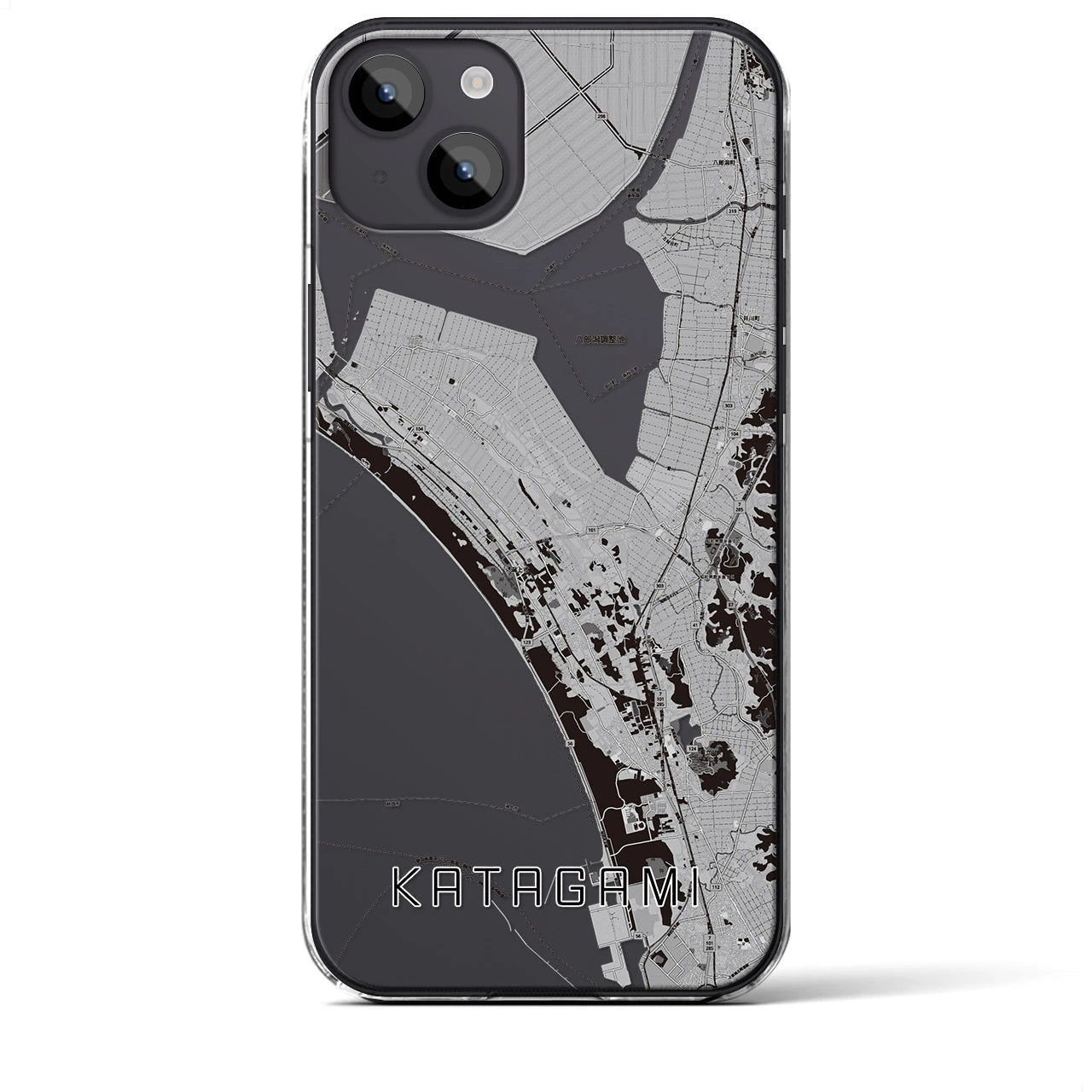 【潟上（秋田県）】地図柄iPhoneケース（クリアタイプ）モノトーン・iPhone 14 Plus 用