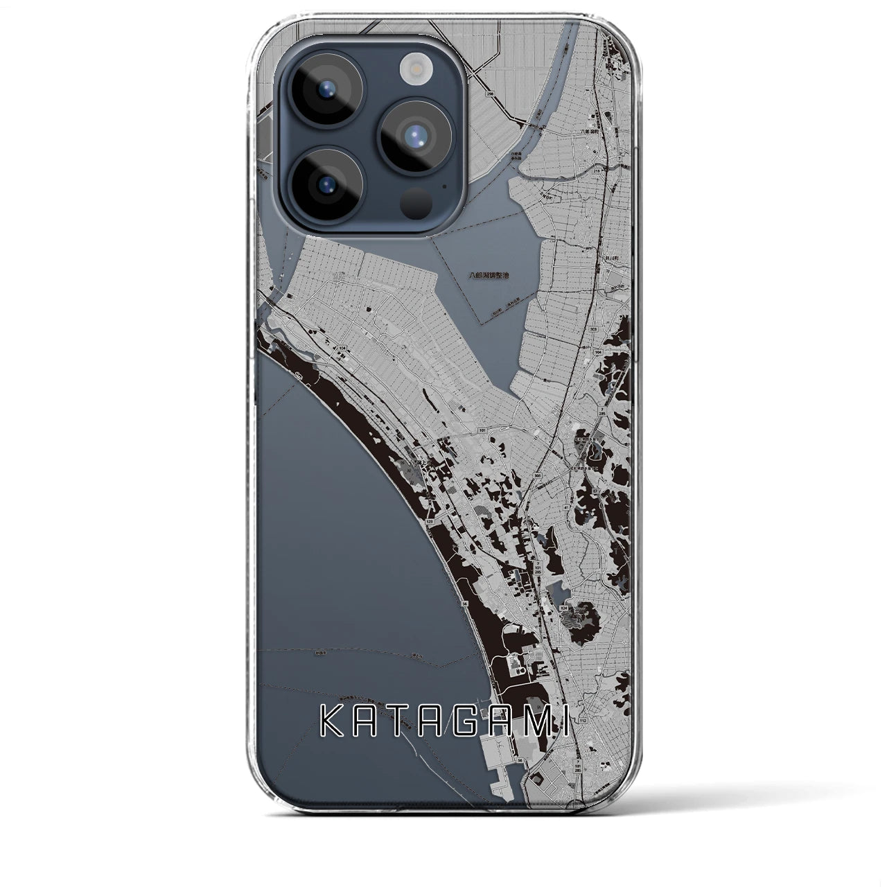 【潟上（秋田県）】地図柄iPhoneケース（クリアタイプ）モノトーン・iPhone 15 Pro Max 用