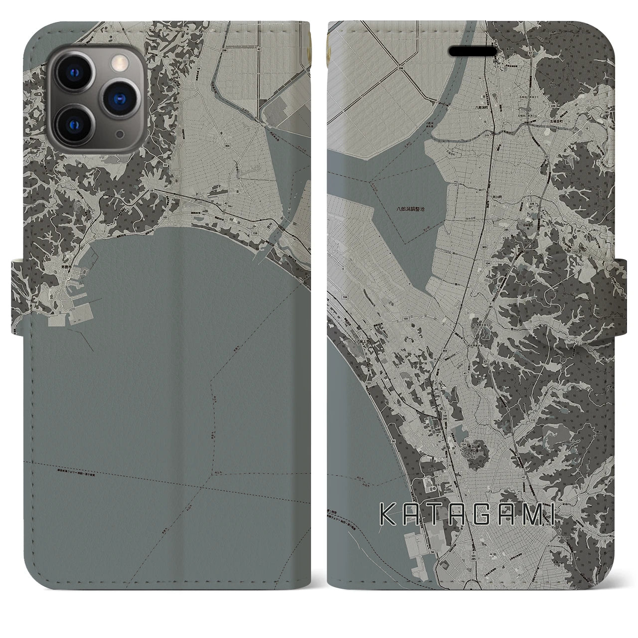 【潟上】地図柄iPhoneケース（手帳両面タイプ・モノトーン）iPhone 11 Pro Max 用