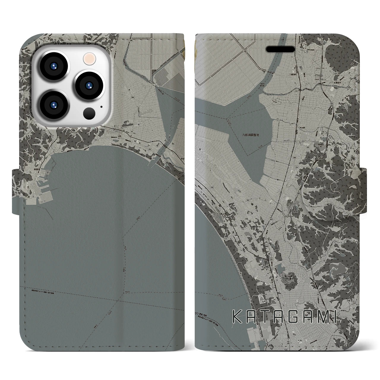 【潟上】地図柄iPhoneケース（手帳両面タイプ・モノトーン）iPhone 13 Pro 用