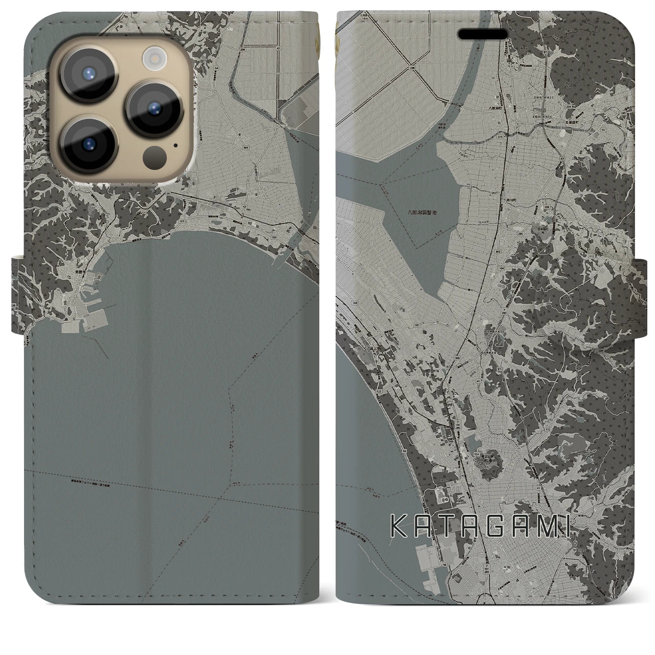 【潟上】地図柄iPhoneケース（手帳両面タイプ・モノトーン）iPhone 14 Pro Max 用