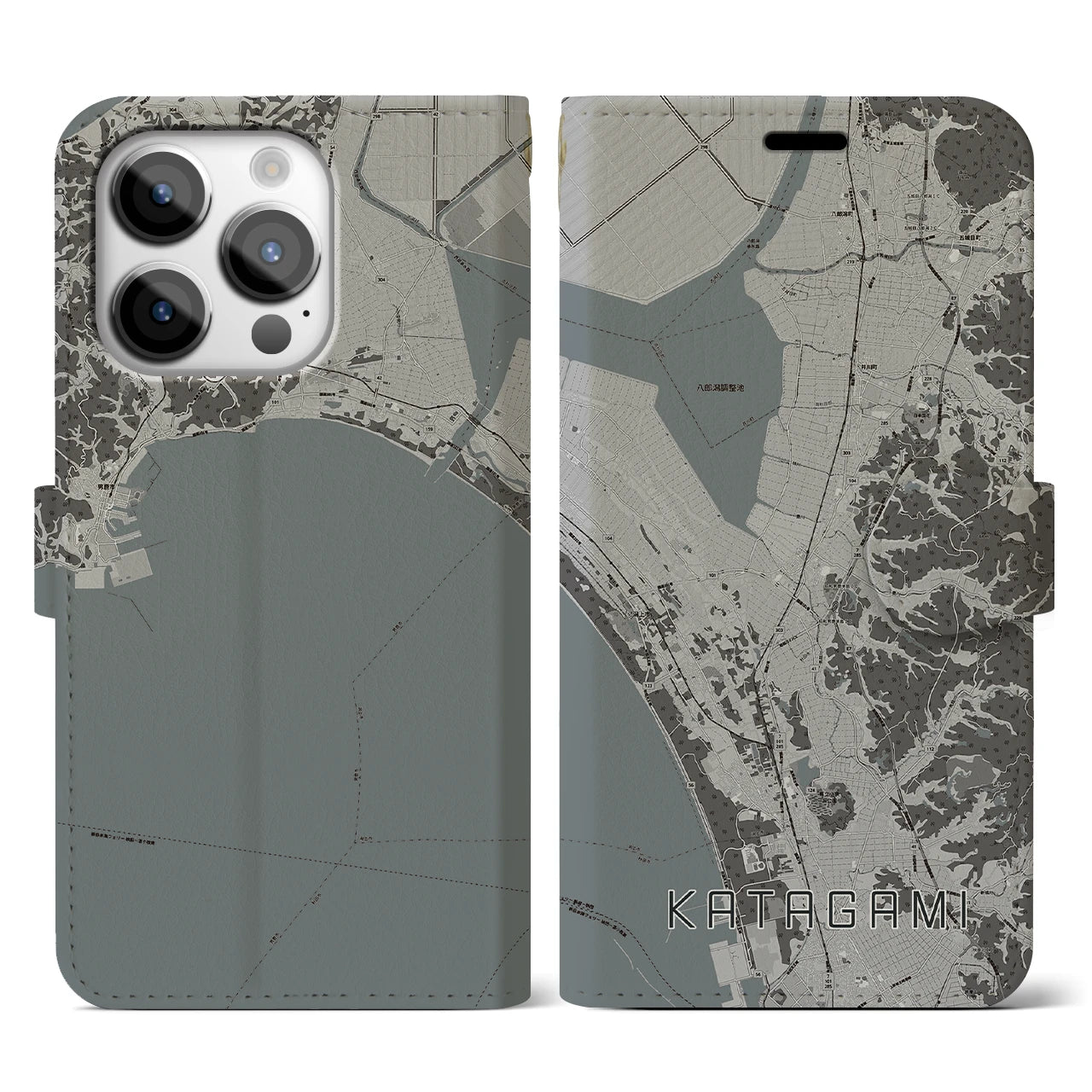 【潟上】地図柄iPhoneケース（手帳両面タイプ・モノトーン）iPhone 14 Pro 用