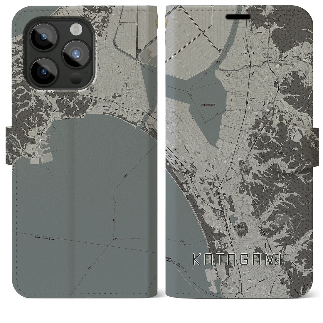 【潟上】地図柄iPhoneケース（手帳両面タイプ・モノトーン）iPhone 15 Pro Max 用