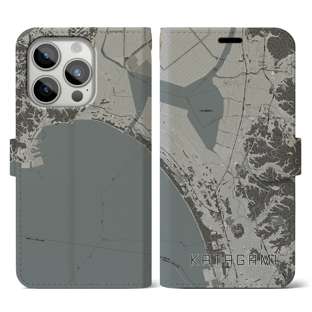 【潟上】地図柄iPhoneケース（手帳両面タイプ・モノトーン）iPhone 15 Pro 用