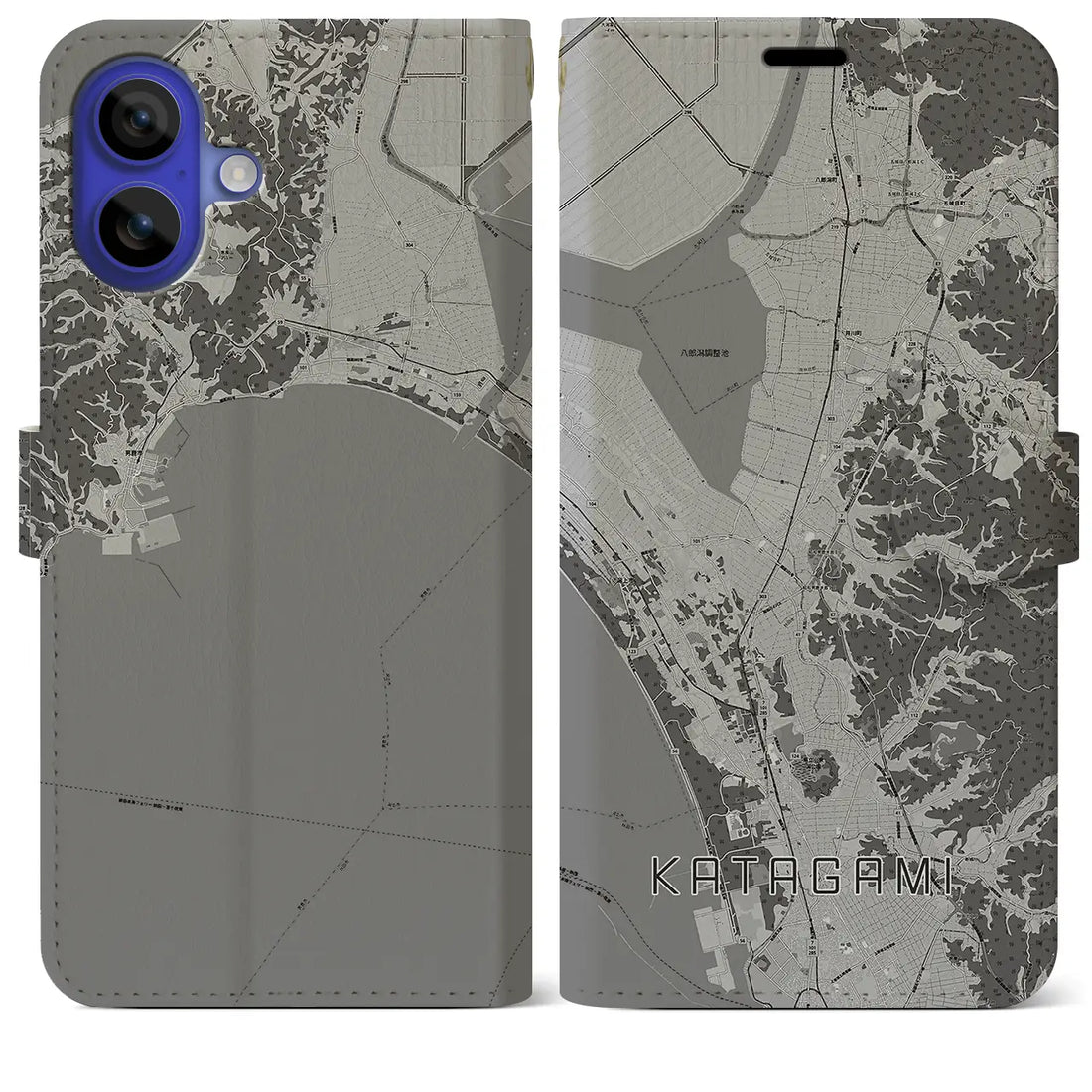 【潟上（秋田県）】地図柄iPhoneケース（手帳タイプ）モノトーン・iPhone 16 Pro Max 用