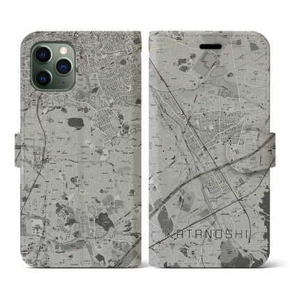 【交野市（大阪府）】地図柄iPhoneケース（手帳タイプ）モノトーン・iPhone 11 Pro 用