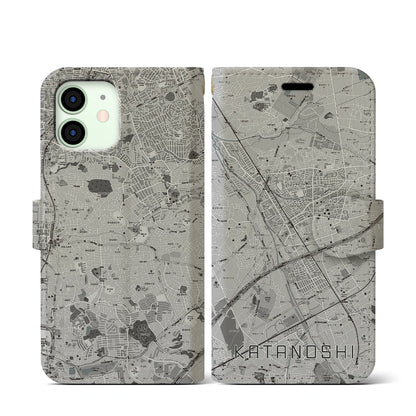 【交野市（大阪府）】地図柄iPhoneケース（手帳タイプ）モノトーン・iPhone 12 mini 用