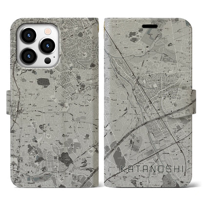 【交野市（大阪府）】地図柄iPhoneケース（手帳タイプ）モノトーン・iPhone 13 Pro 用