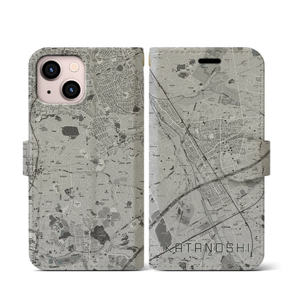 【交野市（大阪府）】地図柄iPhoneケース（手帳タイプ）モノトーン・iPhone 13 mini 用