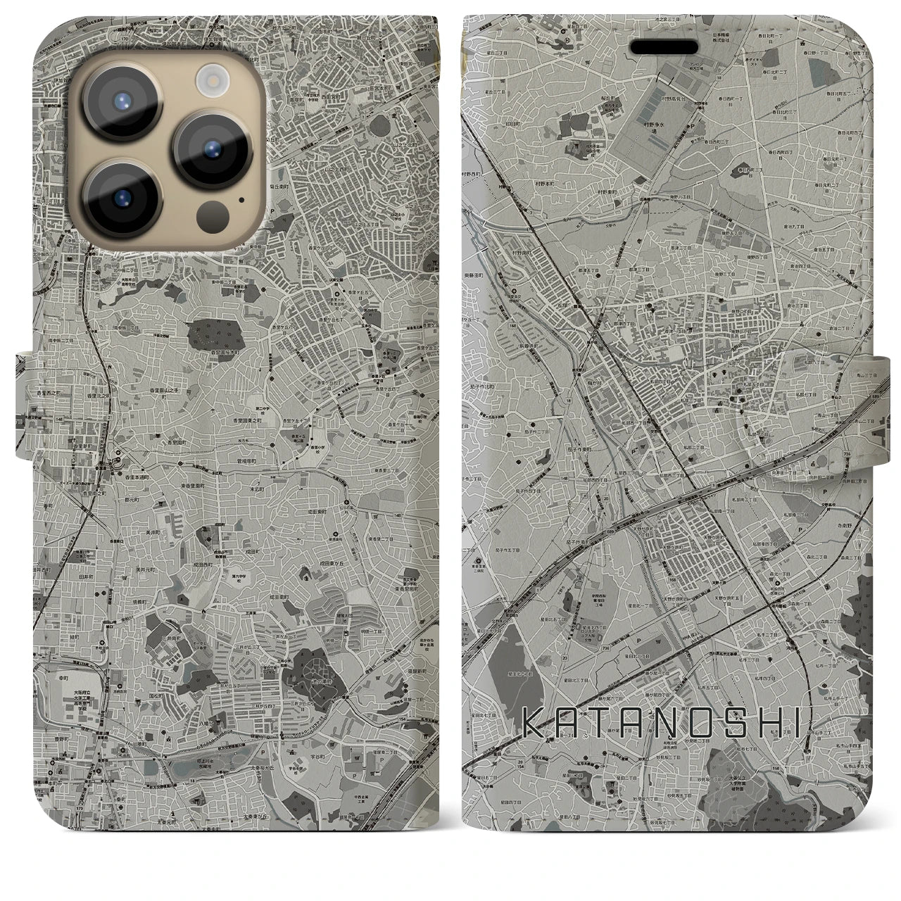 【交野市】地図柄iPhoneケース（手帳両面タイプ・モノトーン）iPhone 14 Pro Max 用