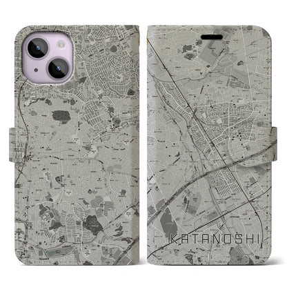 【交野市（大阪府）】地図柄iPhoneケース（手帳タイプ）モノトーン・iPhone 14 用