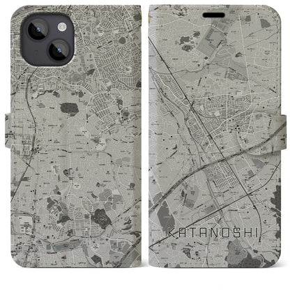【交野市（大阪府）】地図柄iPhoneケース（手帳タイプ）モノトーン・iPhone 14 Plus 用