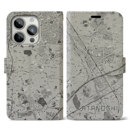 【交野市（大阪府）】地図柄iPhoneケース（手帳タイプ）モノトーン・iPhone 15 Pro 用