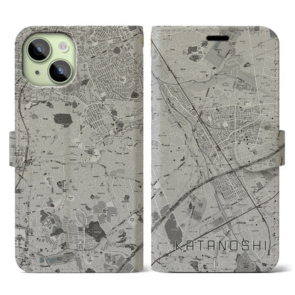 【交野市（大阪府）】地図柄iPhoneケース（手帳タイプ）モノトーン・iPhone 15 用