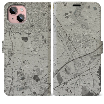 【交野市（大阪府）】地図柄iPhoneケース（手帳タイプ）モノトーン・iPhone 15 Plus 用