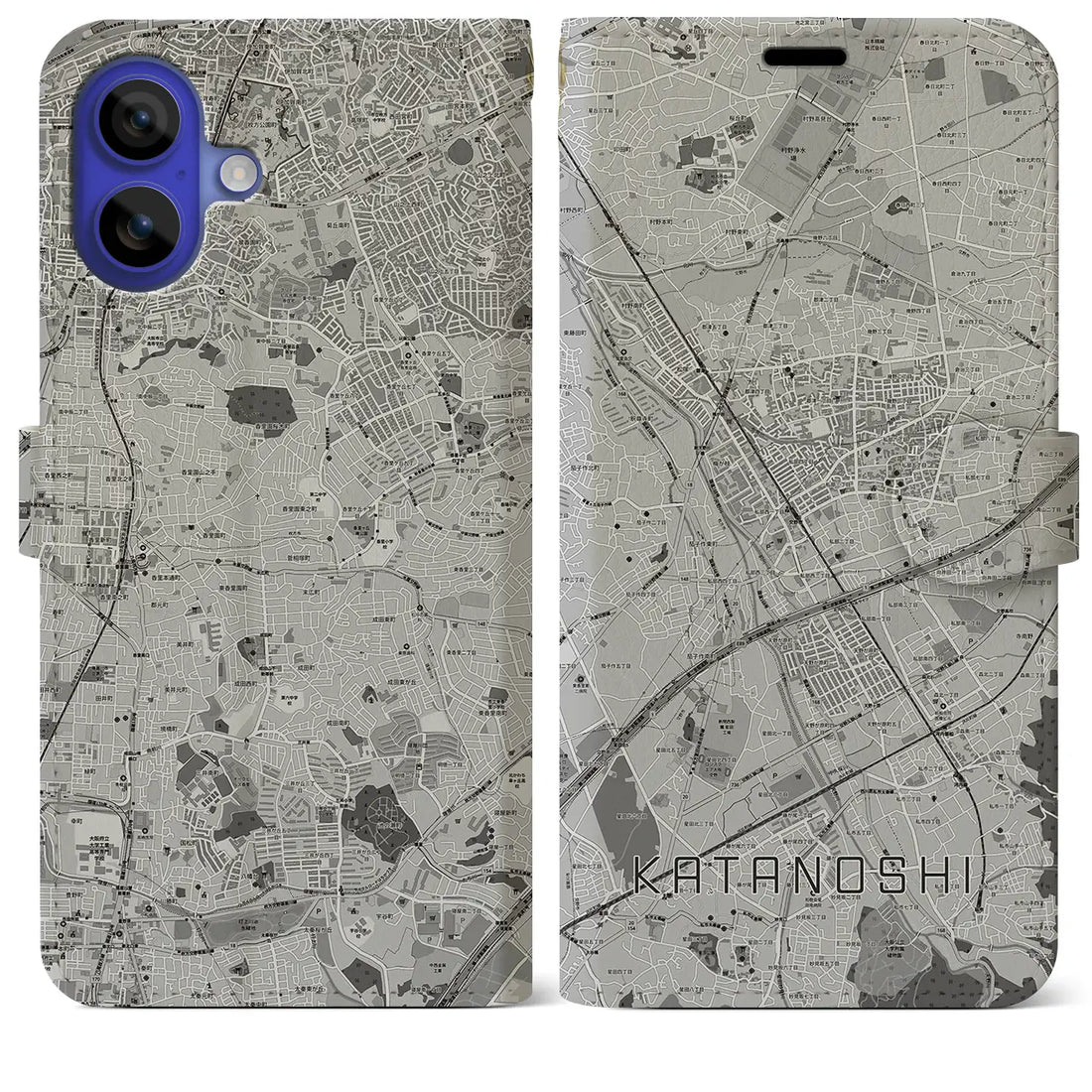 【交野市(大阪府)】地図柄iPhoneケース(手帳タイプ)モノトーン・iPhone 16 Pro Max 用