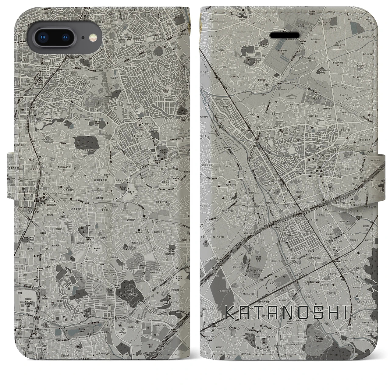 【交野市】地図柄iPhoneケース（手帳両面タイプ・モノトーン）iPhone 8Plus /7Plus / 6sPlus / 6Plus 用