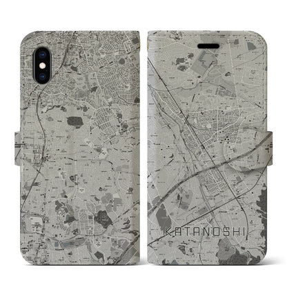 【交野市（大阪府）】地図柄iPhoneケース（手帳タイプ）モノトーン・iPhone XS / X 用