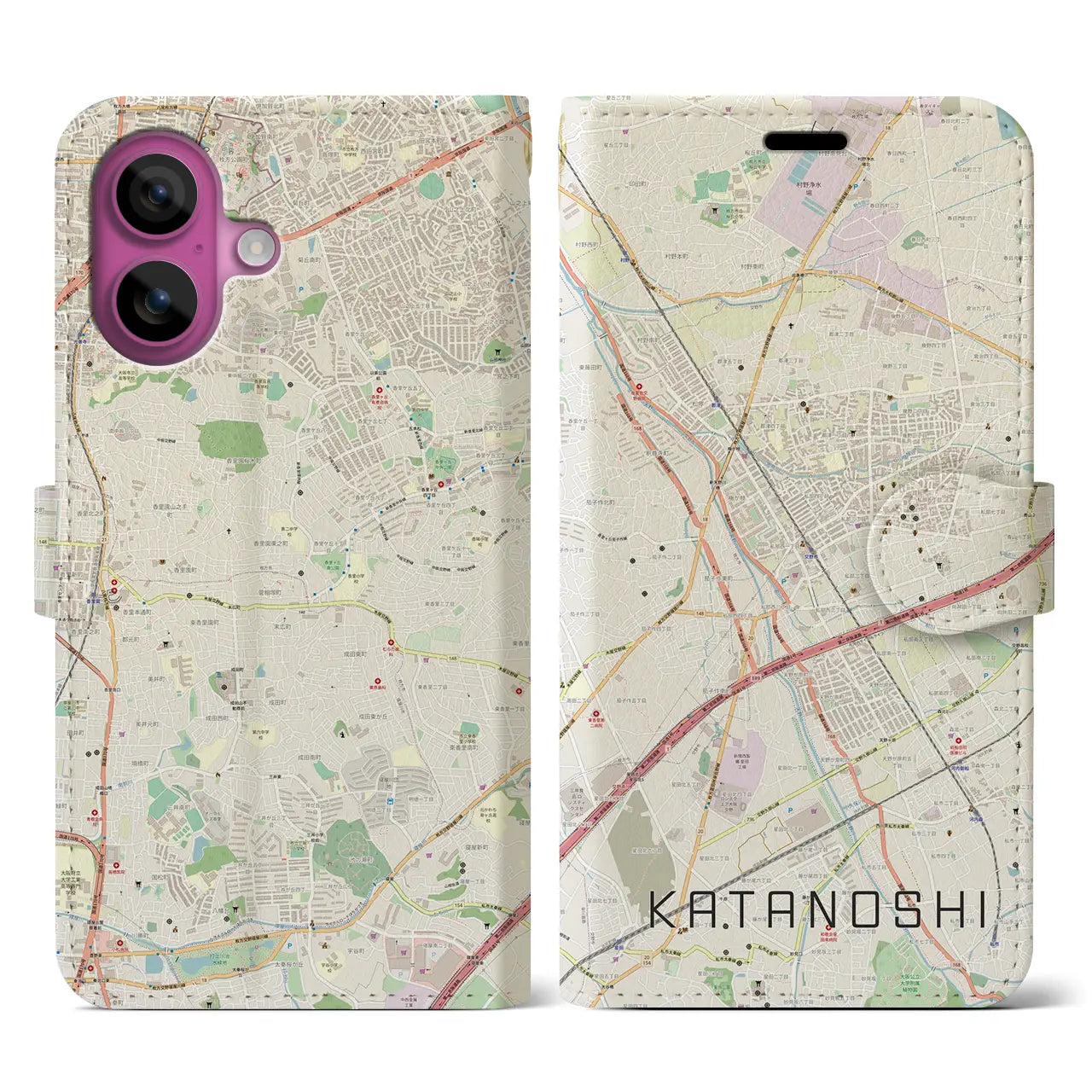 【交野市（大阪府）】地図柄iPhoneケース（手帳タイプ）ナチュラル・iPhone 16 Pro 用