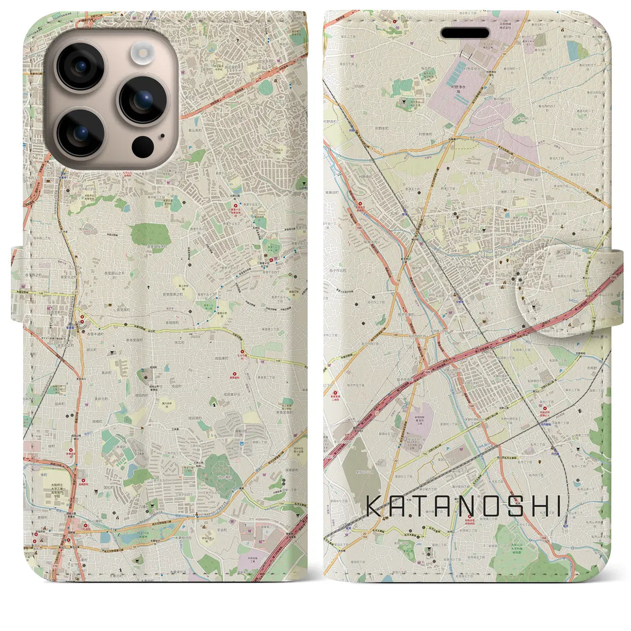 【交野市（大阪府）】地図柄iPhoneケース（手帳タイプ）ナチュラル・iPhone 16 Plus 用